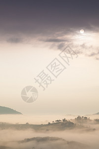 旅行日出雾在早晨覆盖山岳和林植物图片