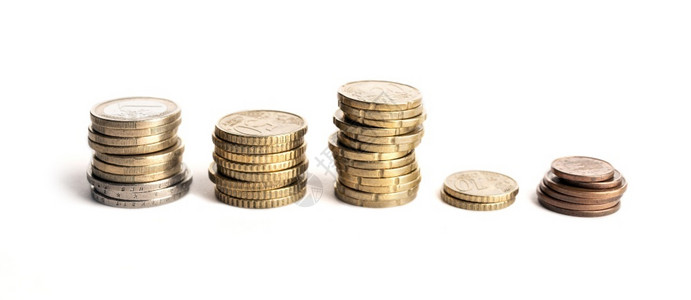 在白背景欧洲工会经济中孤立的欧元硬币集团货背景美元成功经济的投资图片