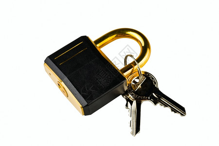 圆筒锁古董安全的保密与白色背景的钥锁定背景