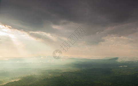 日光照耀着云彩吹入山丘和森林雾笼罩的山岳和树木进入阳光土地图片