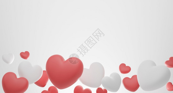 天ValentinersqiposDay概念白底3D投影的红白心气球浪漫的情人节背景图片