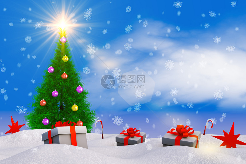场景快乐的松树雪上圣诞和3D赠品图片