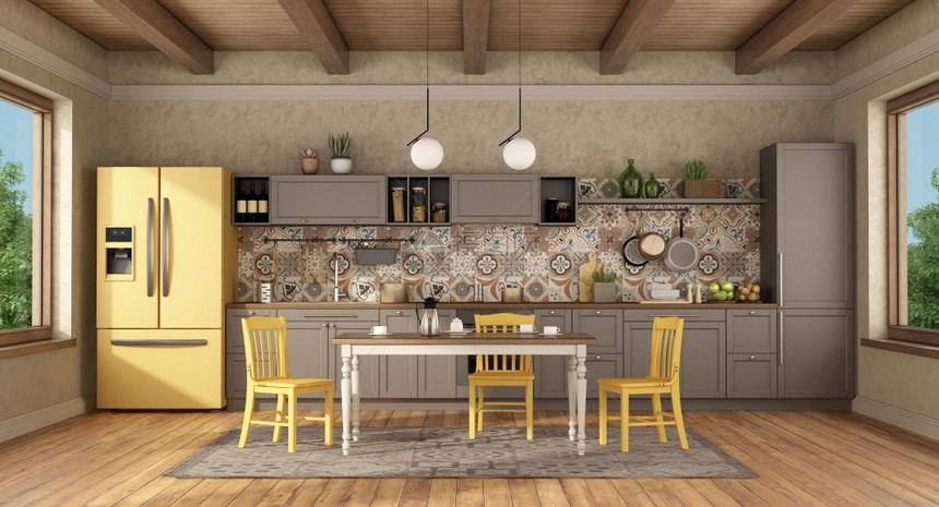 建筑学梁棕色和黄古老厨房配有餐桌和椅子3D制成旧厨房配有餐桌和黄色椅子屋图片