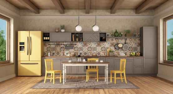 黄边冰箱建筑学梁棕色和黄古老厨房配有餐桌和椅子3D制成旧厨房配有餐桌和黄色椅子屋背景