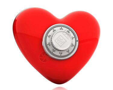 红色心脏在白背景上隔离一个数字安全锁快乐的甜恋人图片