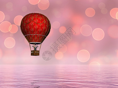 热到模糊Bokeh背景的水上一个红色旧热气球3D天空使成为夏设计图片