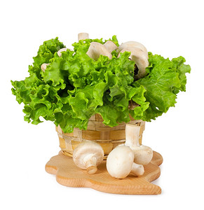 香菇美丽有机的厨房粉笔板上篮子里的新鲜蘑菇图片