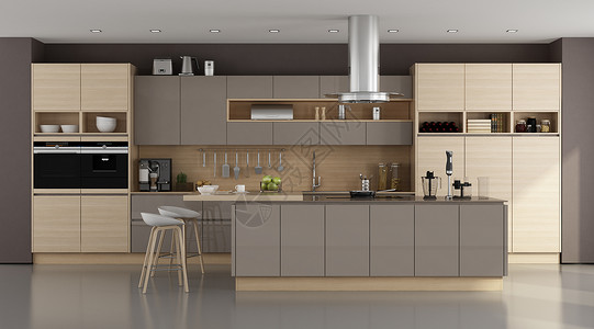 白色的下沉木质和棕色现代厨房与岛屿3D制成木丁和棕褐色现代厨房木头图片