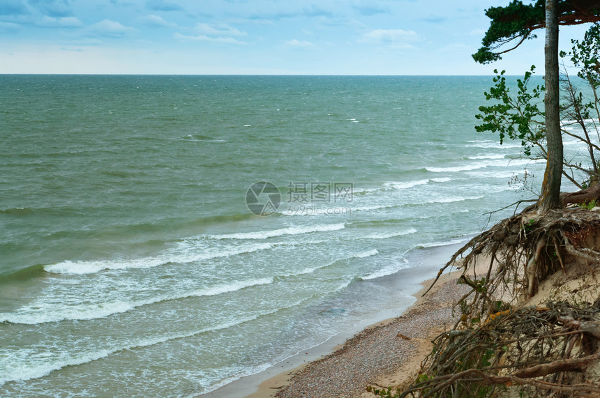 岩石银行海浪陡峭的岸杂草丛生的海岸波罗沿陡峭图片
