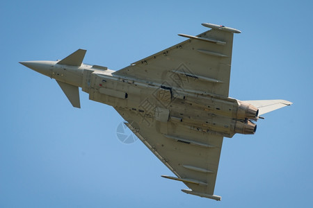 超音速战争喷射航空现代气式战斗机在飞行中从底部看到背景