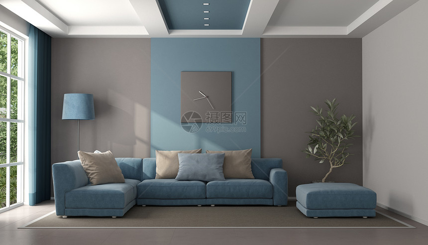 水平的家带沙发和脚凳的小型蓝色和棕客厅3D使小型动物主义者蓝色和棕客厅现代的图片