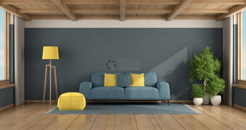 灯黄色的硬木配有蓝沙发黄垫子和木天花板的现代客厅3D为蓝色客厅配有沙发和木天花板图片