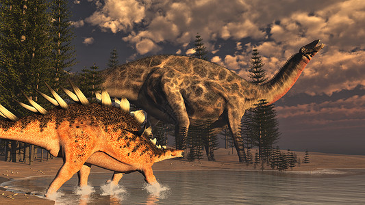 叉角羚日落前在喀拉米亚树边和平行走的二龙九恐3D使二龙和三恐成为维树木历史草食设计图片