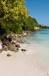 华丽的海洋长湾安提瓜岛具有自然和石头的华丽海岸及自然和石块的半白沙滩美丽背景图片