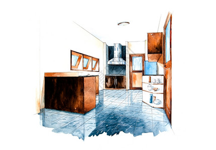 复古的内部木头水彩色绘画的厨房设计图片