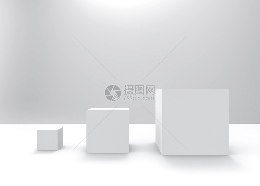 3d将灰色背景的简单白方形立体箱从小到大转换成生长柔软的插图图片
