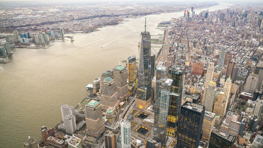 暮美国人商业纽约市日落时曼哈顿天线的空中景象团结的高清图片素材