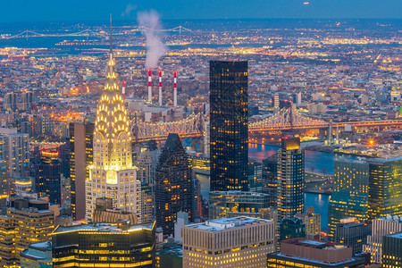 地标美国纽约市日落时曼哈顿天线的空中景象建筑学摩天大楼图片