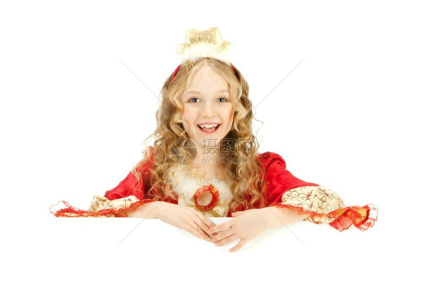 美丽的小姑娘在公主拥有万圣节或嘉年华党大班纳的科斯图姆女孩诡计横幅图片