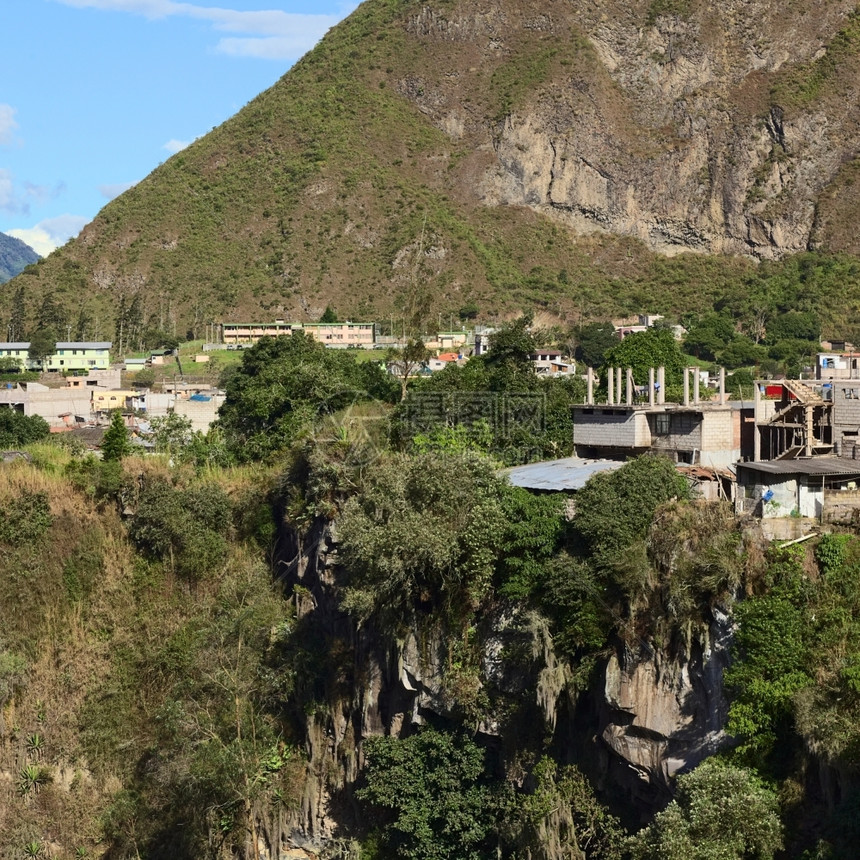 稠密厄瓜多尔小城镇Banos的一些房屋沿悬崖边缘其底端是Pastaza河流淌的悬崖边乡村建造图片