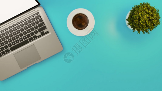 工作区植物笔记本电脑和白色咖啡杯及轻蓝桌子3D背景的小型淡蓝色图片