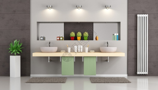 毛巾水平的现代洗手间木制架子上配有双层洗浴盆面镜和物品的缝隙3D卫生图片