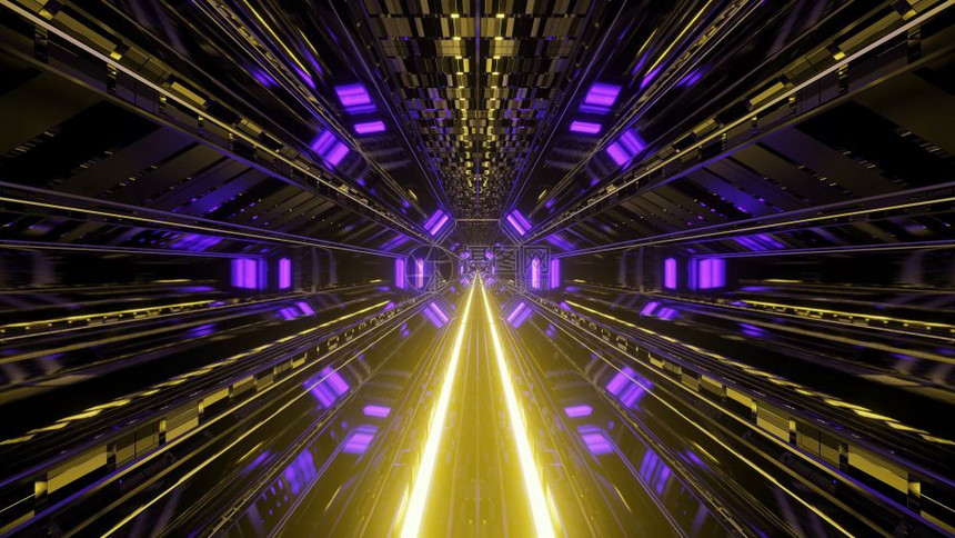 反光的未来派纹理科幻隧道走廊的3d插图背景壁纸带有炽热的发光底部和凉爽的反射玻璃窗图形艺术品无尽的科幻渲染室带有漂亮的发光灯设计图片
