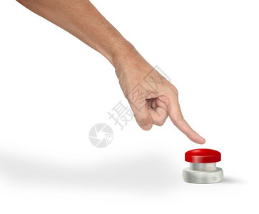 手臂警卫安全的一个男人用手指按着一个红色的启动式按钮图片