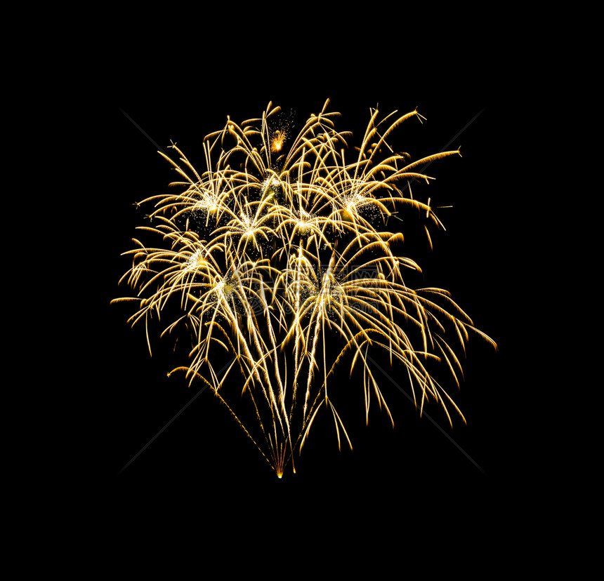 美丽的黄色烟花在夜空中爆炸以黑色背景隔绝新年和周纪念概于一夕庆祝幸福图片