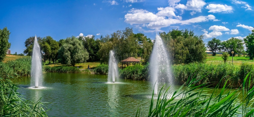 上市季节沃兹涅诺夫斯基公园的一个小池塘位于乌克兰扎波罗日耶的沃兹涅诺夫斯基公园一个阳光明媚的夏季清晨Voznesenovsky公图片