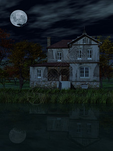 树木渲染夜晚间旧房子图片