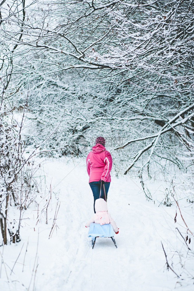 在森林中散步时妇女与儿一起拉滑雪车家庭父母闲暇图片