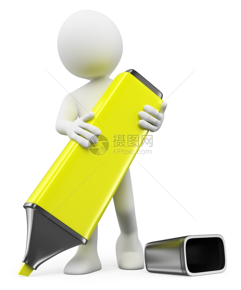 白色的手3d人Man用黄色亮光仪写字孤立白背景颜色图片