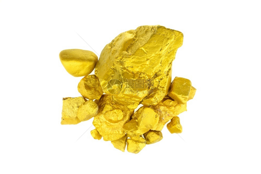 巨石镀金白色背景的贵重金块组黄色的图片