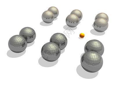 一种两队大金式平方石球和一小把橙子插在沙上白色背景的皮游戏球法语碗图片