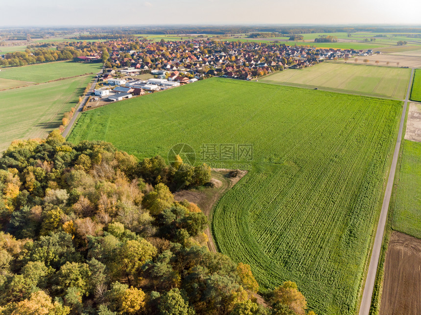 德国北部一个村庄后面的田地和草原之间的一小片林空中观察了这片小森林多于高的农民图片