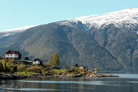 户外公园湖边的房屋环绕着挪威山丘旅游图片