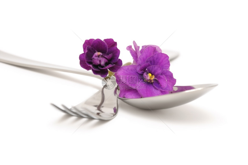 象征白背景检查时带紫罗兰的勺子和叉维护工具图片