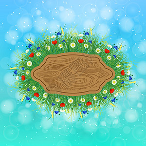 矢车菊大约夏日天空概念在草药和鲜花周围的中间木制标志板模糊的夏季天空模糊的木制标志板沥青背景图片