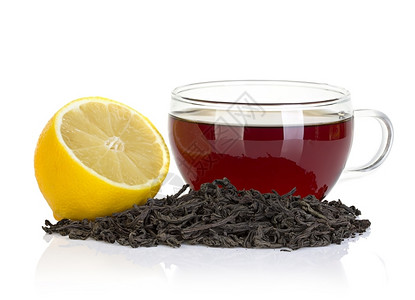 新鲜茶杯加柠檬和黑白底孤立于杯子颜色图片