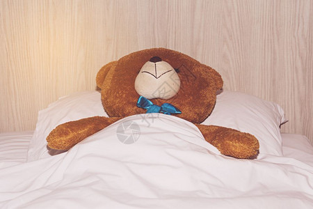 说谎孩子泰迪熊躺在床上毯子图片