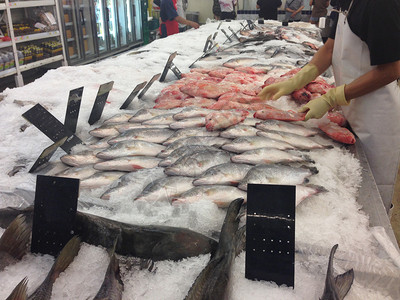 海摊位喝在市场上冻鱼吃背景