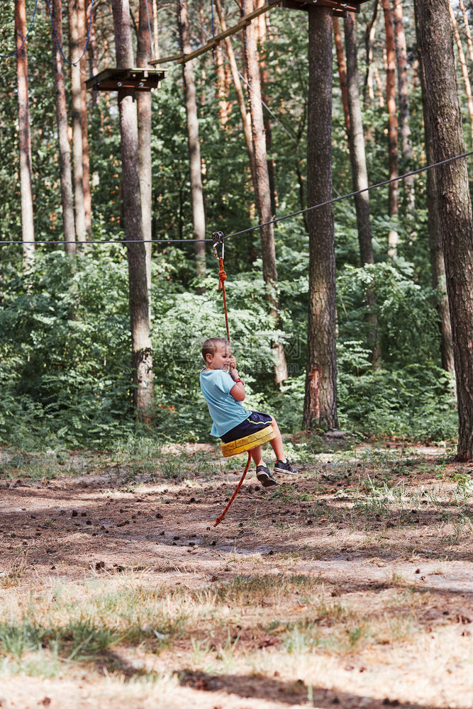 夏天尽管快乐的男孩骑在林中绳子公园的拉链上同时度过暑假真实的人情况喜悦图片