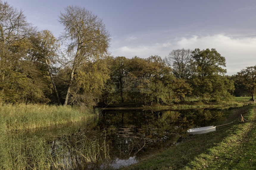 落下荷兰黄色的在Holland公园deVeluwe内红褐色和金的公园中两艘船在自闭森林中的水池图片