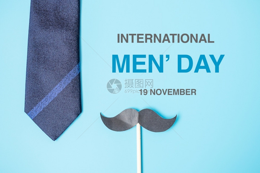 父亲节快乐和国际门尔斯柯日概念蓝色背景的领和胡子国际门尔斯克日概念随意的象征十一月图片