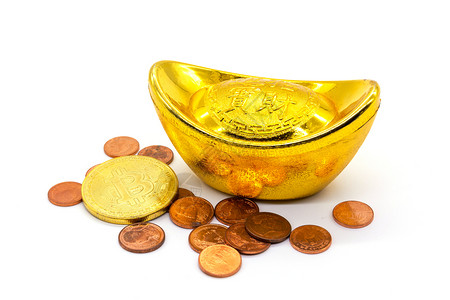 金融象征经济白背景的人民币和比特黄金图片