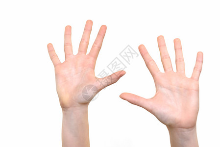身体白种人女孩在近距离展示手掌和白种背景的开放手掌复制抓住图片