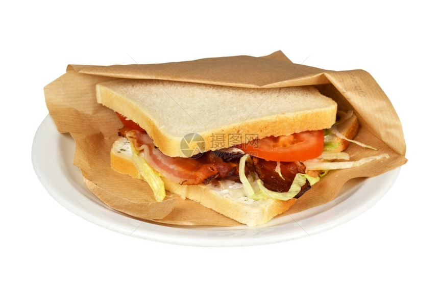 分离的含生菜三明治培根和白底番茄BLT美味的切片图片
