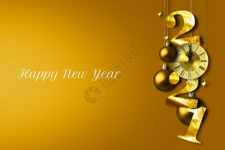 卡片颜色新年庆典理念快乐与球明星和古钟挂在金色背景上3D插图设计三维圣诞节背景图片