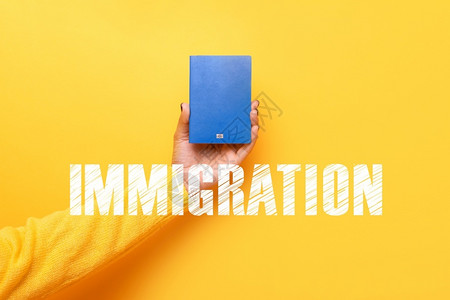 象征经过工作室蓝护照黄色背景图象上的移民登记表印在蓝色护照上图片